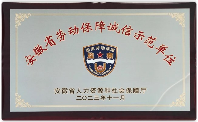 我司獲“安徽省勞動(dòng)保障誠信示范單位”榮譽(yù)稱號